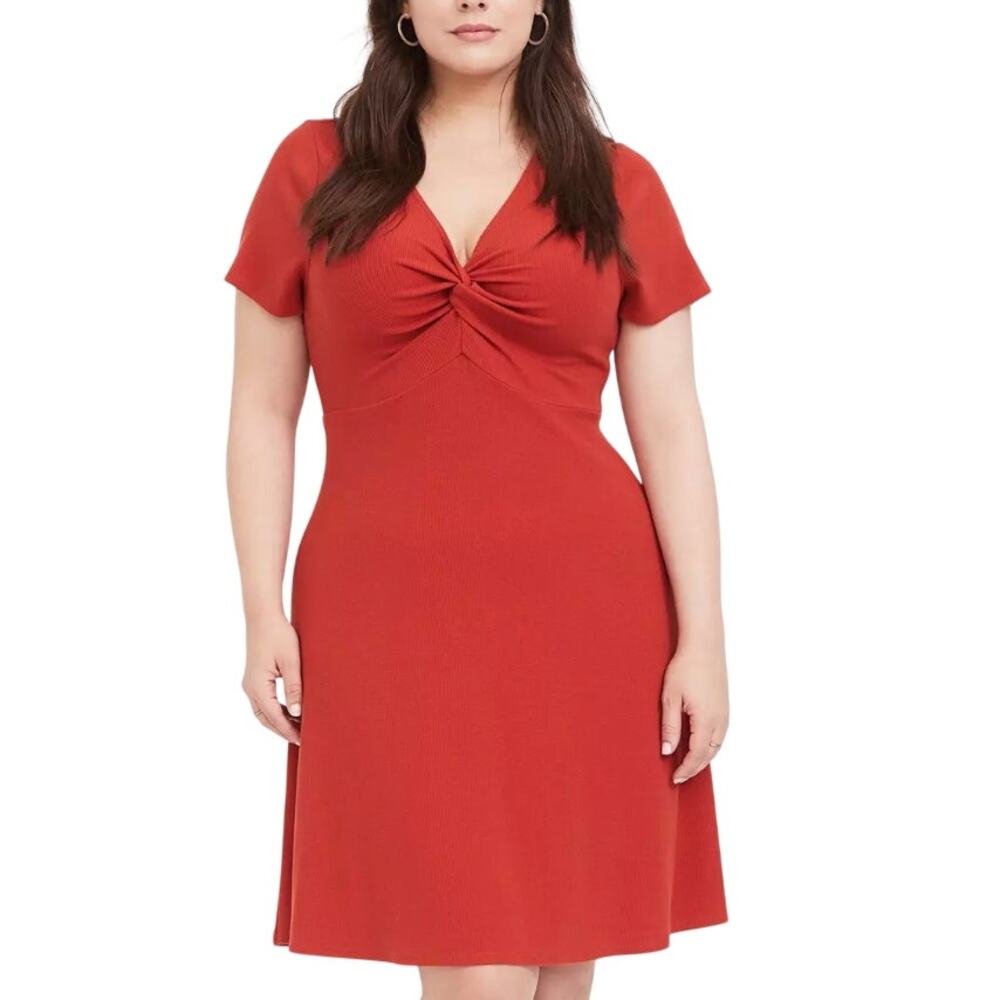 Torrid 1X Plus Ribbed Knit Red Orange Casual Twist Front Babydoll Skater Dress